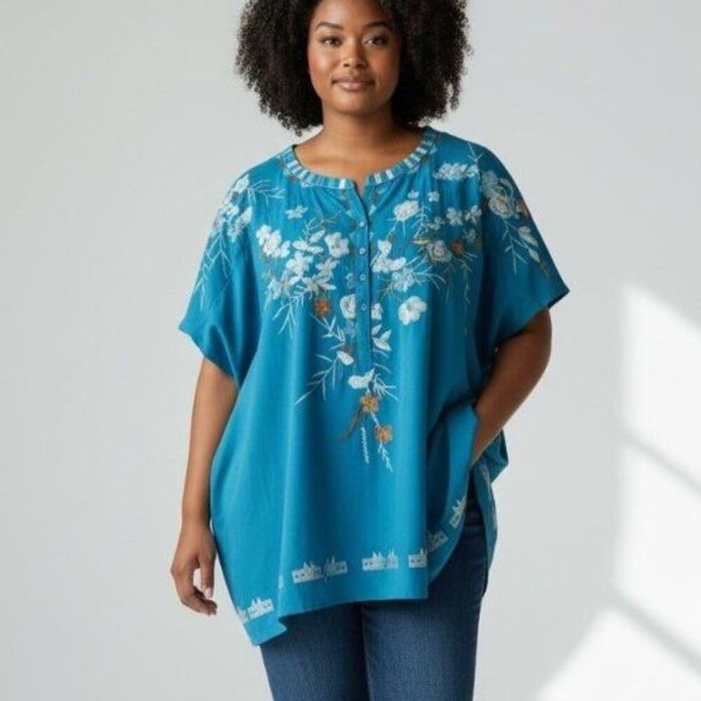 Misslook Blue Embroidered Floral Blouse Short Sleeve V-Neck Size 3XL